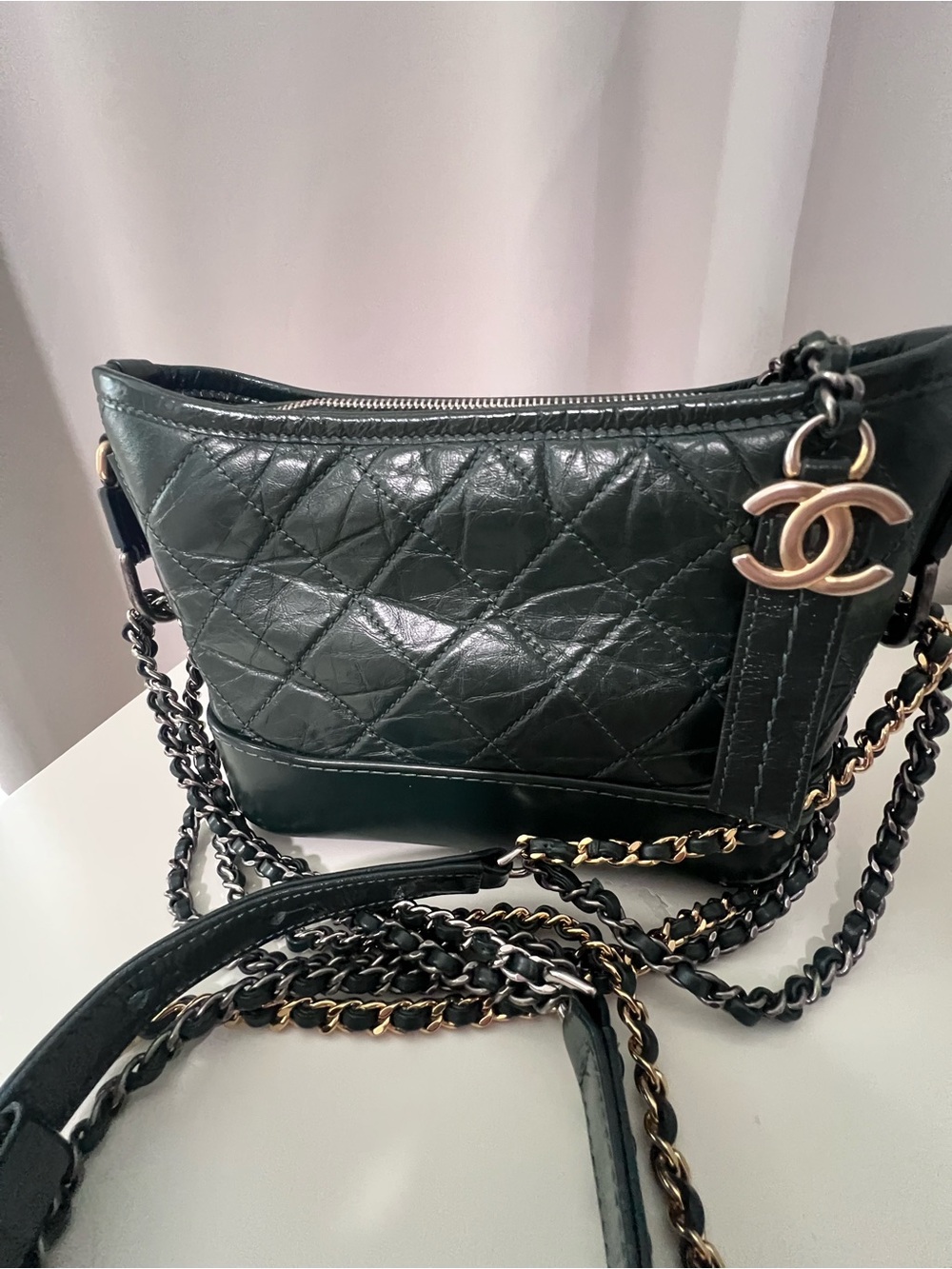 CHANEL Gabrielle Green Quilted Lambskin Chain Strap Crossbody with Gold CC Charm